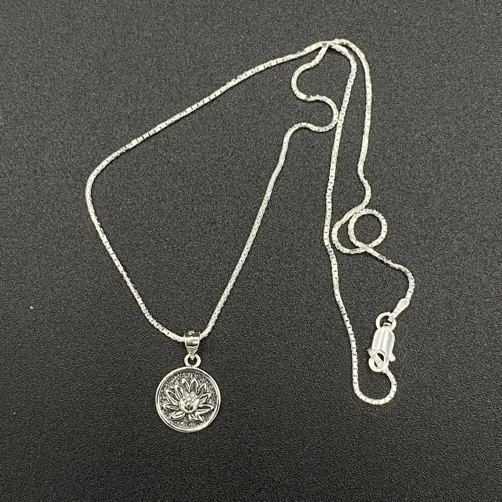 Lotus Flower Sterling Silver Disc Pendant Necklace